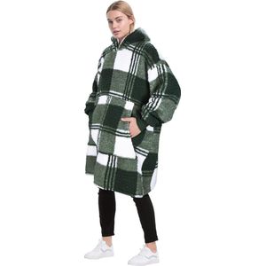 Oversized Sherpa Capuchonpullover – Deken Sweatshirt Met Voorzak – Knuffelwarme Draagbare Deken Voor Volwassenen In Geruit Groen