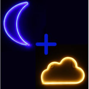 Neon Lamp - Maan Blauw + Wolk geel - Incl. 6 Batterijen - Neon Verlichting - Neon Led Lamp - Neon Wandlamp