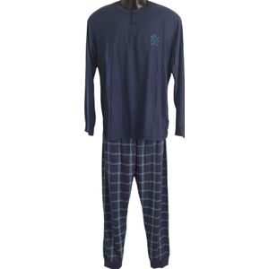 Uniseks Pyjama set Dames & Heren - 2 Delig - Kleur Marineblauw/Wit/Groen - Geruite Broek - Maat M - Lange Mouwen - Lange Broek - Knopen - Cadeau - Kerst