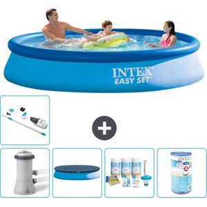 Intex Rond Opblaasbaar Easy Set Zwembad - 366 x 76 cm - Blauw - Inclusief Pomp Afdekzeil - Onderhoudspakket - Filter - Stofzuiger - Vloertegels