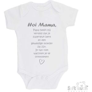 100% katoenen Romper met Tekst ""Hoi Mama..."" - Wit/grijs - Maat 62/68 Zwangerschap aankondiging - Zwanger - Pregnancy announcement - Baby aankondiging - In verwachting