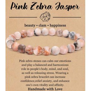 Armband - Natuursteen - Edelsteen - met Kaartje - Betekenis - Natural Healing - Gift - Cadeau - Roze Zebra Jaspis