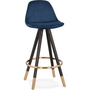 Halfhoge design barkruk 'CHICAGO MINI' in blauw fluweel en 4 poten in zwart hout