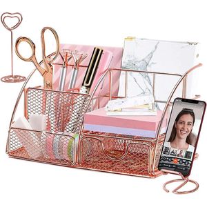 Roségouden bureauorganizer met telefoonhouder - pennenhouder - cosmetica-organizer - metalen bureau-organizer voor opslag - accessoires voor school thuis en kantoor