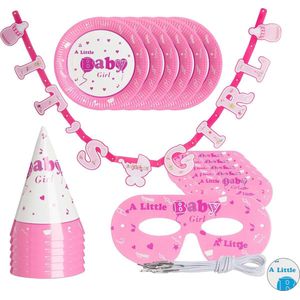Feestpakket geboorte meisje - Roze / Wit - Karton - Bordjes / Maskers / Vlag / Hoedje - It's a Boy - It's a Girl - Gender reveal party - Feest - Party