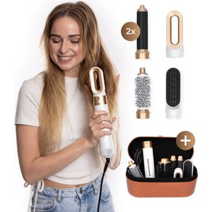 ENZO Luxe 5 in 1 Multistyler - Krultang - Fohnborstel - Krultang 5 in 1 - Multistyler - Airstyler - Fohn - Haarborstel - Hairwrap - Krulborstel - 5 Opzetstukken + Beige Opbergdoos