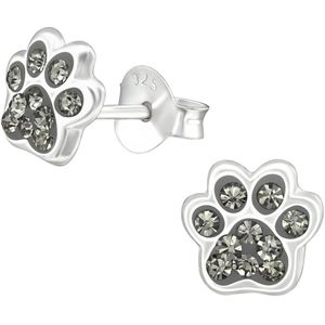 Joy|S - Zilveren hond kat dierenpoot oorbellen - black diamond grijs - 7 x 6 mm - poot afdruk oorknoppen