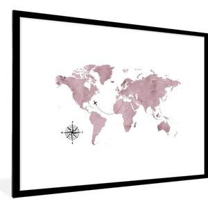 Fotolijst incl. Poster - Wereldkaart - Roze - Vliegtuig - 80x60 cm - Posterlijst