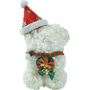 AliRose - Kerstmis Beer Witte Rozen - Wit - Kerst - Kerstmuts - Cadeau - White Roses - Santa Hat - 25cm