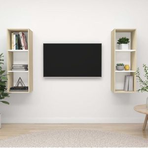 The Living Store Televisiewandmeubelset - wit en sonoma eiken - 37 x 37 x 107 cm - 2 x tv-meubel