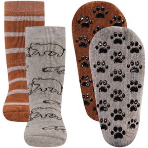 Antislipsokken Ewers Kindermaat - DUOPACK - Beige & Bruin met Vosjes & Beren & Streepjes - Siliconen Noppen-18/19