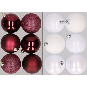 12x stuks kunststof kerstballen mix van aubergine en wit 8 cm - Kerstversiering