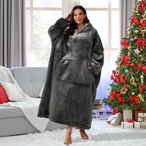 Hoodiedeken, extra lang, Sherpa draagbare deken als cadeau voor vrouwen en heren, oversized deken, hoodie, zachte warme fleece, flanel, knuffeldeken met mouwen en zak, donkergrijs