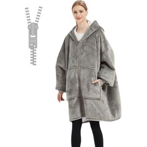 Q-Living Hoodie Deken - Oversized Hoodie - Snuggle Hoodie - Fleece Deken Met Mouwen - 1450 gram - Licht Grijs Met Rits
