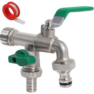 Waterkraan voor de tuin, 1/2 inch en 3/4 inch, dubbele kraan van messing, roest en vorstbestendig, met 2 x gratis slangaansluitingen, voor tuin, wasmachine, regenton (groen)