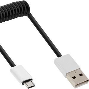 InLine USB Micro B naar USB-A spiraalkabel - USB2.0 - tot 2A / zwart - 3 meter