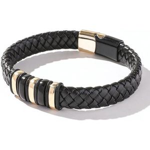 Armband Heren - Zwart Leer met Goud kleurige Accenten - Lederen Armbanden - Cadeau voor Man - Mannen Cadeautjes Accesoires
