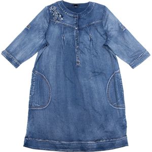 Floraweg dames lyocell jeans knop sluiting jurk met bloem borduurwerk en aap wassen Blauw kleur