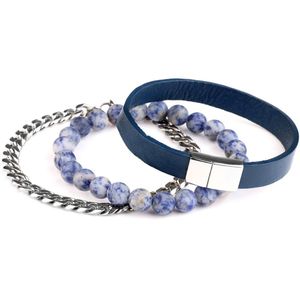 Di Lusso - Armbanden set Zed - Stainless Steel - Leder - Blauw - Heren - 22 cm