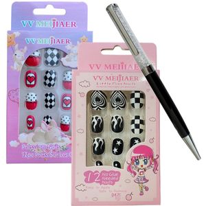 Plaknagels - 2x12 Nagels - Nepnagels voor Kinderen - Met Gratis Diamant Pen - Valse Nagels - Geen Lijm Nodig