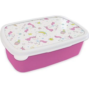 Broodtrommel Roze - Lunchbox - Brooddoos - Unicorn - Regenboog - Patroon - 18x12x6 cm - Kinderen - Meisje