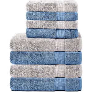 Komfortec Handdoekenset – Set van 8 - 4x Handdoek 50x100 cm en 4x Badhanddoek 70x140 cm - 100% Katoen - Grijs&Lichtblauw