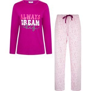 Gaubert Essential Dames Pyjama Lange Mouw - Broek met Zakken - Premium Gekamd Katoen - Always Dream Big - Fuchsia - Maat S - GB-2803