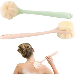 2-Pack - Badkamerborstel - Lange steel - Bevestigbaar - Zachte borstel voor de rug + Loofah-spons - Exfoliërende natte en droge massageborstel - Groen+Roze