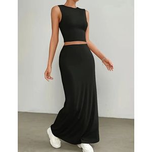 2 delige sexy corrigerende elegante sportieve zwarte stretch outfit top en rok maat XXL