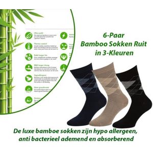 6-Paar Origineel Bamboe Sokken Ruit Motief in 3-Kleuren-Maat 39-42