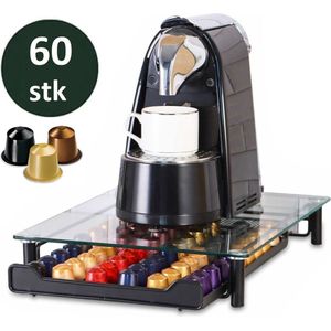 Cheffinger - Glazen Capsule Houder met Lade - 60 Cups - Espresso Koffie Pad en Cups Houder - Glas en RVS - Zwart