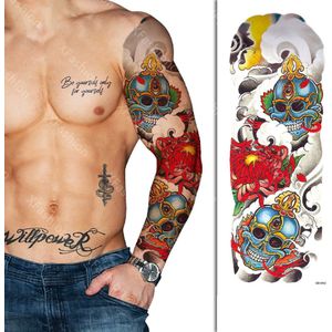 Tattoo Sleeve - Mexico Schedel Doodshoofd Wolken Bloemen - Neptattoo Lichaam en Gezicht - Tijdelijke Henna Plak Tattoos - Nep Tatoeage - Fake Temporary Tattoo - Festival Make-up Outfit Volwassenen Kinderen