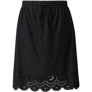 MIAMODA - Dames - Midirok wijde A-lijn suède opengewerkt borduursel - Zwart - Maat 52