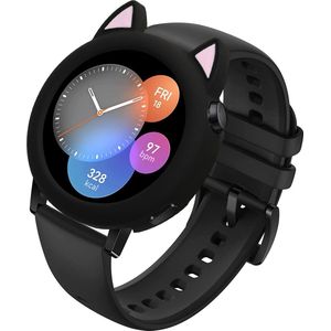 kwmobile smartwatch case geschikt voor Huawei Watch GT3 42mm hoesje - Siliconen sporthorloge beschermer - Met kattenoortjes in zwart / poederroze