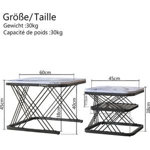 Sattire - Salontafel - 2 in 1 set Vierkante Hoogglans Marmer Optische salontafels - Gouden poten - 60x60x45cm en 45x45x38cm - Woonkamer tafel - Wit+Goud