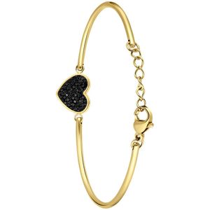 Lucardi Dames Stalen goldplated armband hart met kristal zwart - Armband - Staal - Goudkleurig - 20 cm