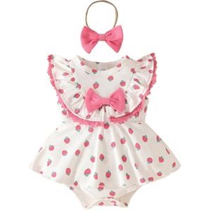 Meisjes Zomer Kleding Aardbei Print Kanten Romper Mouwloos Baby Haarband Set
