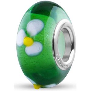 Quiges - Glazen - Kraal - Bedels - Beads Groen Transparant Witte Bloemen Past op alle bekende merken armband NG530