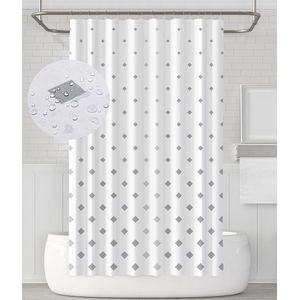 Douchegordijn textiel wit grijze ruit, schimmelwerend douchegordijn voor badkamer, wasbaar, waterdicht met 12 douchegordijnringen, 180x180 cm