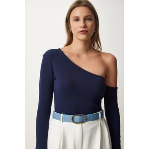 Happinessistanbul Rode Off-Shoulder Geribde Gebreide Damesblouse Tg00011