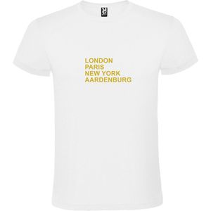 Wit T-Shirt met “ LONDON, PARIS, NEW YORK, AARDENBURG “ Afbeelding Goud Size XXL