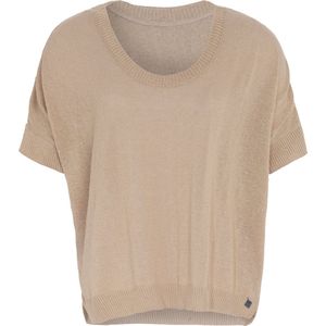 Knit Factory Senna Gebreide Dames Top - Trui met korte mouwen - Gebreide t-shirt - T-shirt - Shirt Gemaakt van 50% gerecyceld katoen - Ronde hals - Linnen - Bruin - 36/44