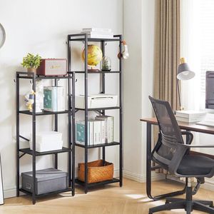 Boekenkast, 5 verdiepingen opbergrek, plantenrek, opbergrek met stalen frame, voor woonkamer, kantoor, werkkamer, hal, industriële stijl, zwart