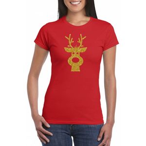 Bellatio Decorations Kerst T-shirt voor dames - rendier - rood - glitter bedrukking - goud - kerst shirt/outfit XS