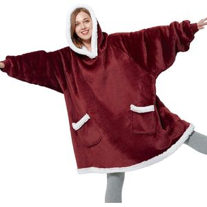Hoodie deken met mouwen en capuchon - Sherpa dekenpullover als cadeau voor vrouwen, extra grote knuffelpullover dames, draagbare deken om aan te trekken, volwassenen, rood, 95 x 83 cm