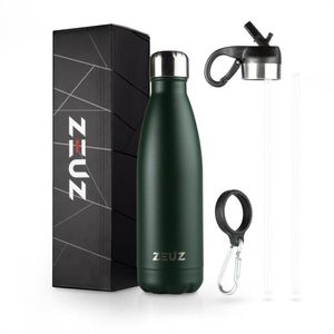 ZEUZ Premium RVS Thermosfles & Drinkfles - Isoleerfles – Waterfles met Rietje - BPA Vrij – 500 ml - Mat Groen