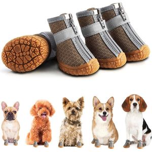 Hondensokken Antislip - Set Van 4 - Hondenschoenen - Pootbeschermer Sokken - Voor Honden - Koffiekleur - Klittenbandsluiting - Warme Hondenschoenen - Reflecterende Banden - Duurzaam - Met Gripzolen - Buiten