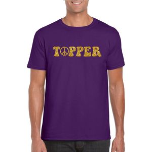 Toppers - Paars Flower Power t-shirt Topper met gouden letters heren - Sixties/jaren 60 kleding L