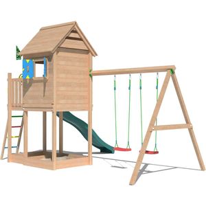 Jungle Gym speeltoestel van douglas hout - Jungle Hideout met donkergroene glijbaan - Tuin speeltoestel voor buiten met zandbak en schommels