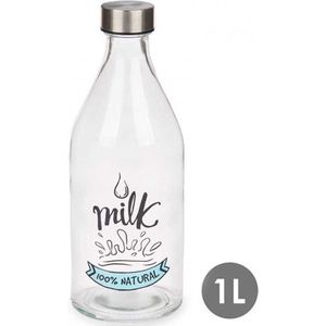 Glazen Melkfles – Melkflesjes – Melkkan – Drinkfles – Glas – Met Stalen Deksel/Draaidop – 1 Liter – 1L
